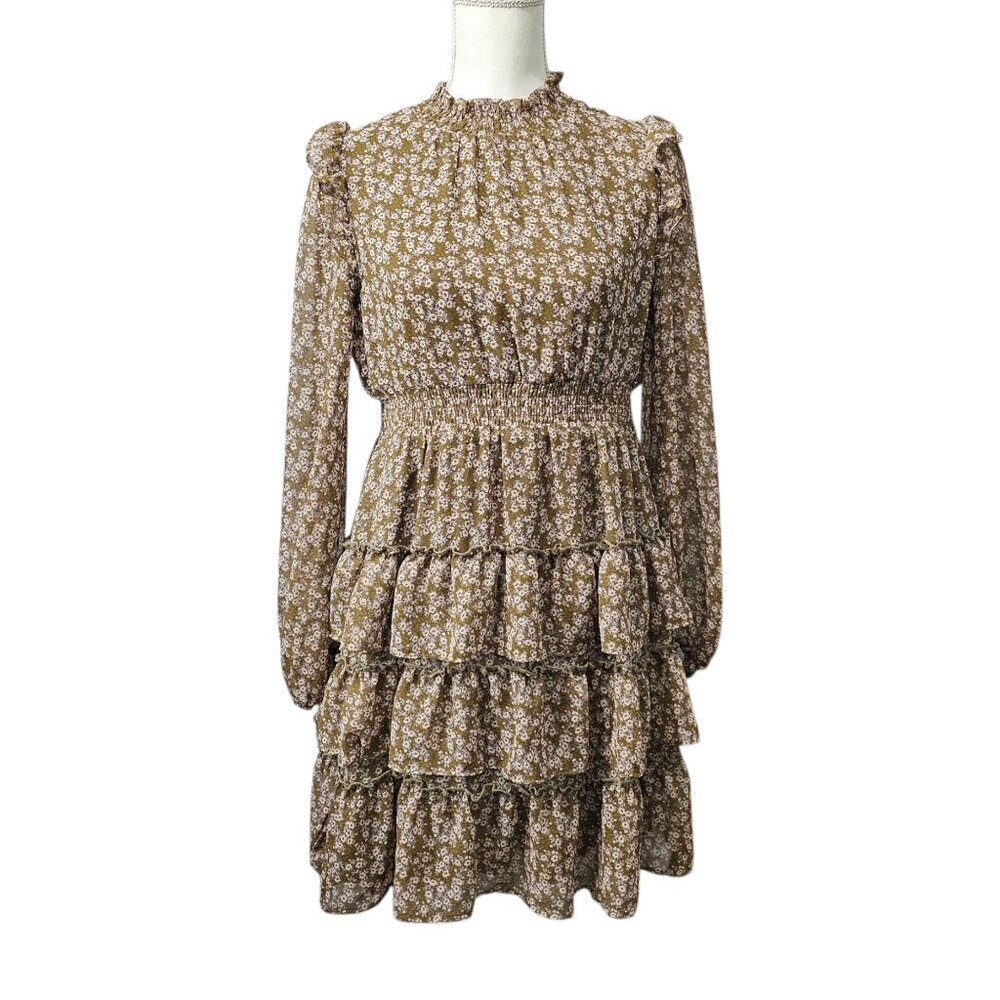 In Loom Floral Bohemian Ruffled Tiered Semi Sheer Long Sleeve Olive Mini Dress